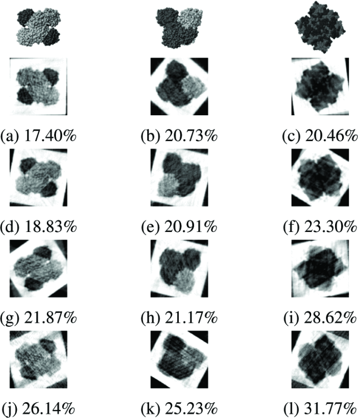 Noise robustness demonstration showing simultaneous reconstruction of three holo-GAPDHase conformations under increasing noise levels