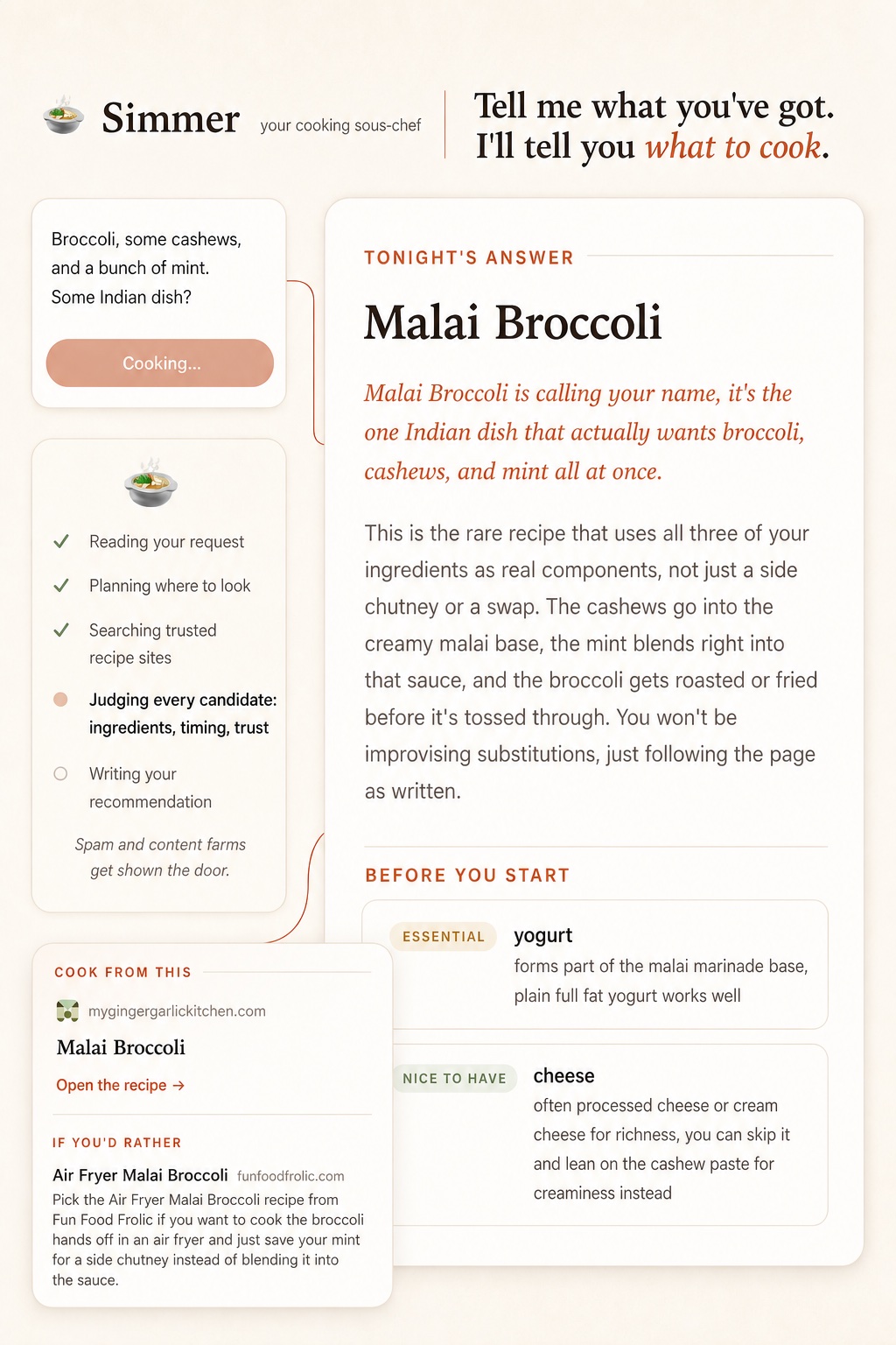 Simmer's recommendation for broccoli, cashews, and mint: Malai Broccoli, with the reasoning, the missing ingredients, and a link to the original recipe